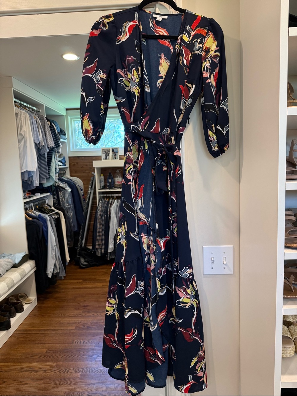 Bar III Navy Floral Wrap Maxi Dress with Belt